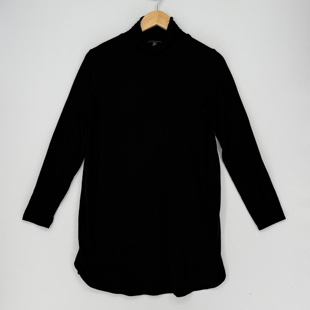 Eileen Fisher Tunic Top Womens Small Black Mock Neck Long Sleeve Lagenlook Chic
